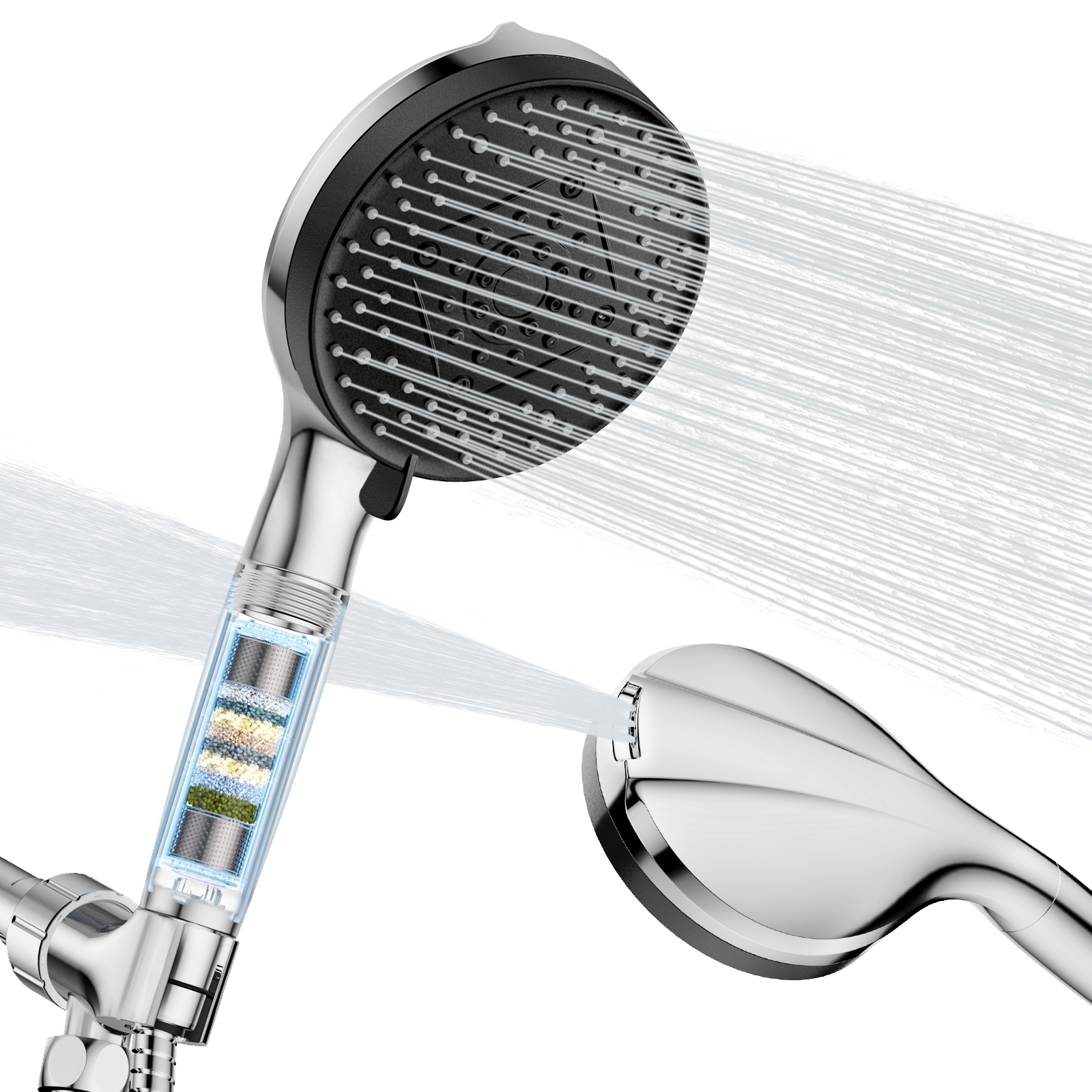 KINGTACK Shower Head with Handheld, 10 Spray Mode Shower Head with Filters, Remove Chlorine - Reduces Dry Itchy Skin, Chrome